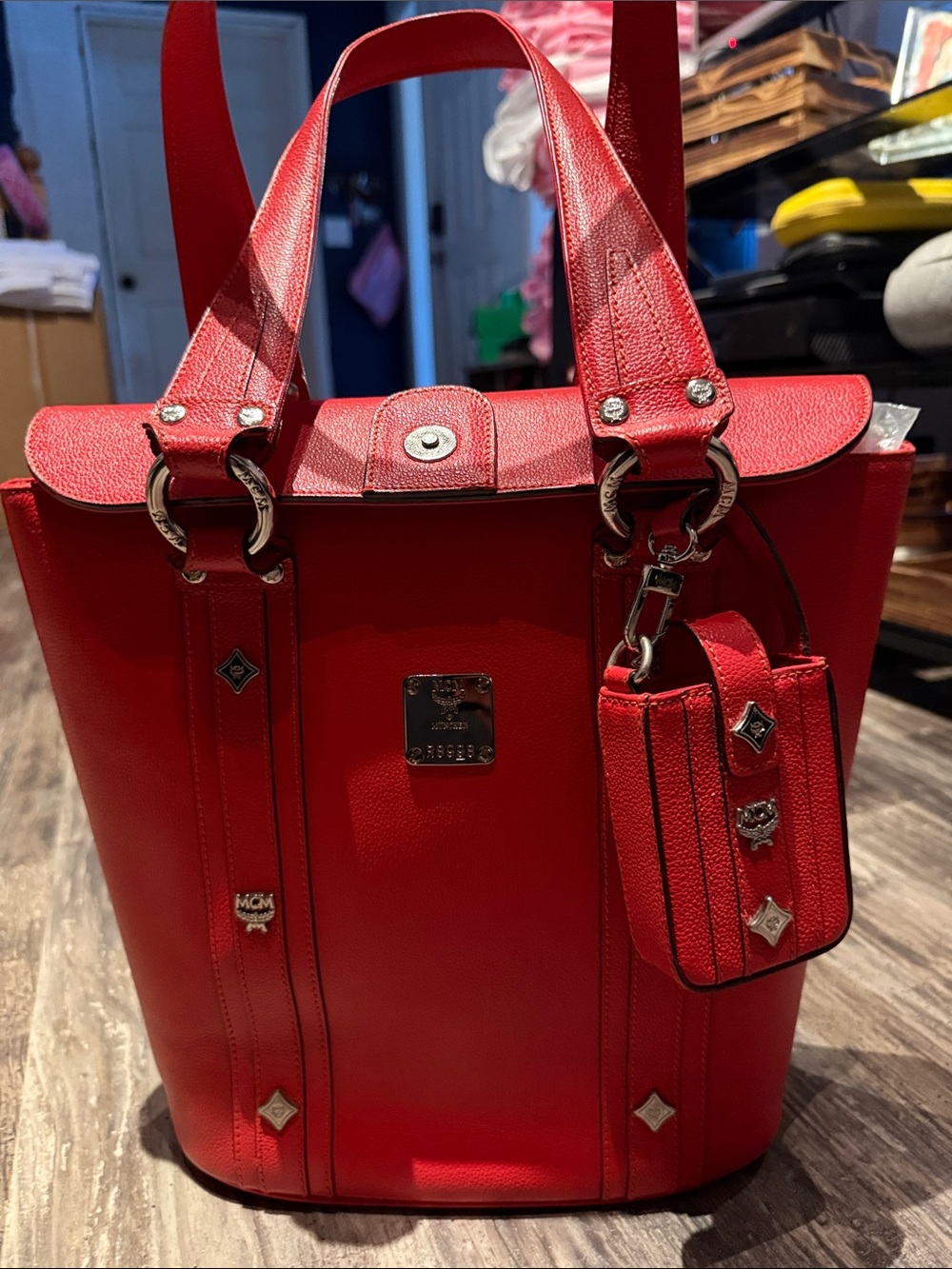 MCM Red Leather Tote with Spot Charm